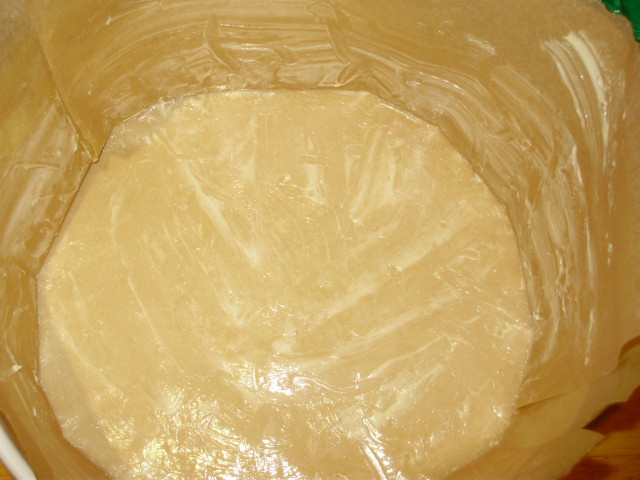 1b. Line bottom & sides of the spring form cake tin with parchment paper & butter it generously