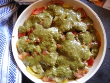 2. To this. Raw cubed ingredients pressed down and drizzled with the Pesto sauce