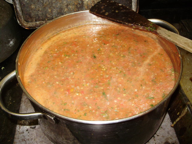 5. When onions are cooked, add in the processed tomatoes and bring it all to a gentle simmer