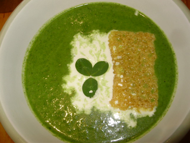 8b. 'Patriot's Celebration' Soup - garnished with cream, a Parmesan wafer & a clover leaf.