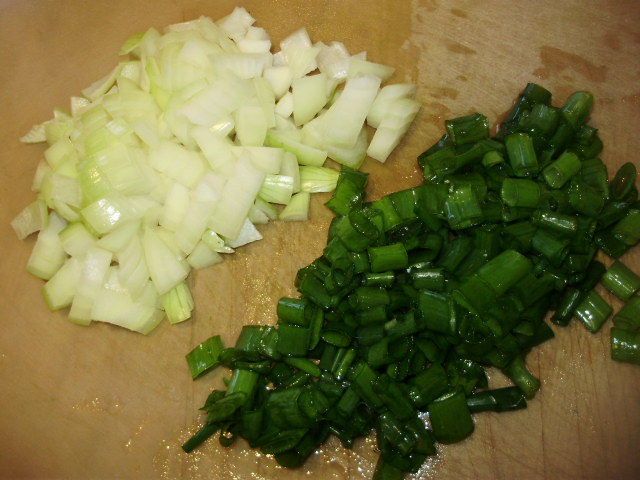 For champ 1. - dice a large onion & chop some green scallion tops