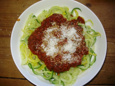 Totally Terrific Tomato sauce on steamed 'courgetti' (spiralised courgettes steamed for 4 mins)