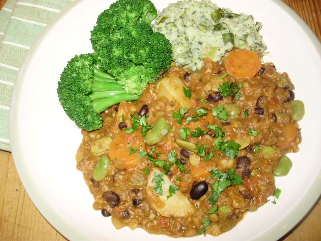 Vegetable, two bean & lentil hotpot. Served with watercress & green onion champ and homegrown broccoli