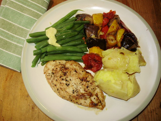 Roast ratatouille with grilled chicken breast, buttered French beans & Mayan Gold potatoes